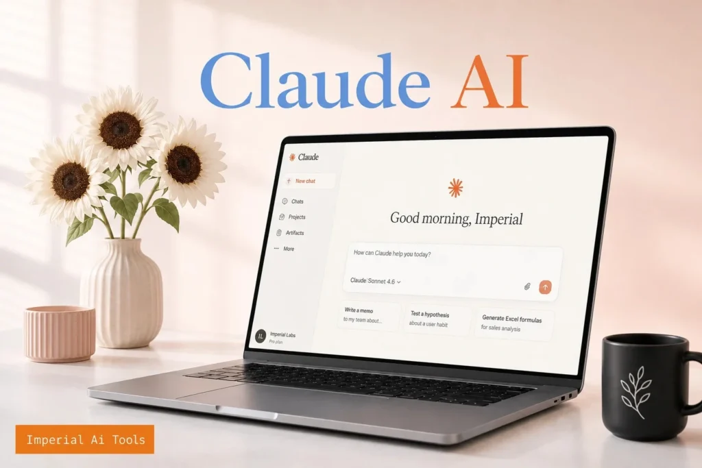 A MacBook displaying the Claude AI interface on a clean desk with white flowers, a black mug, and Imperial AI Tools branding.