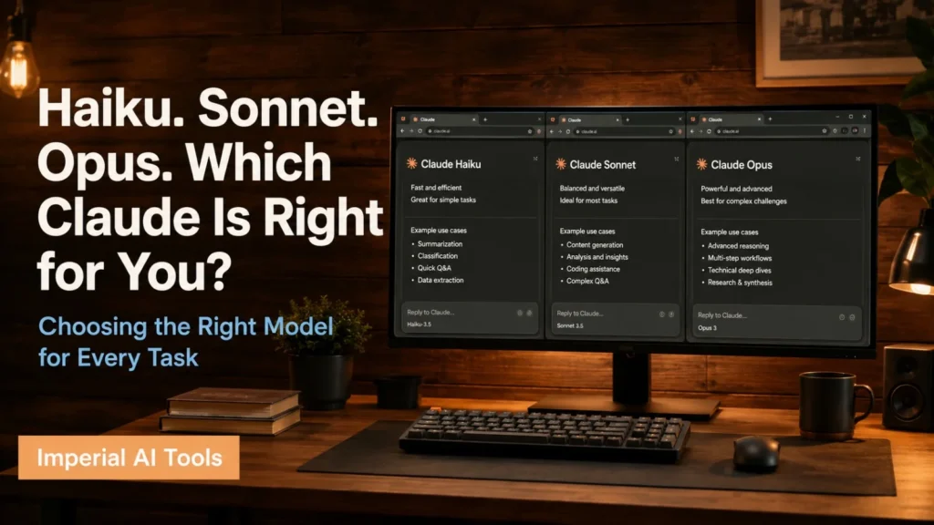 Warm desk setup with a wide monitor showing Claude AI model options Haiku, Sonnet and Opus, with text asking which Claude model is right for you.