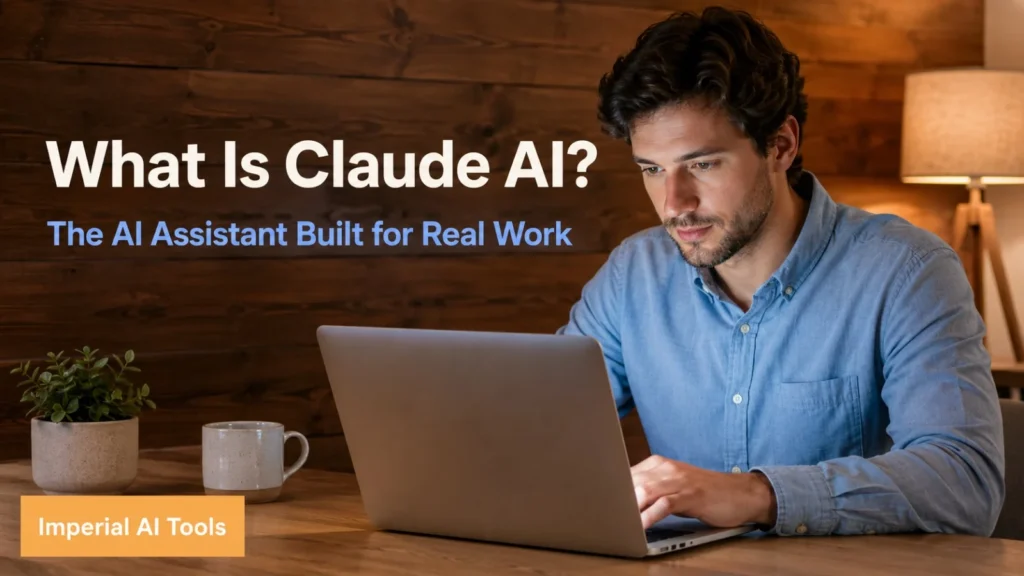 A focused person working on a laptop in a warm wooden workspace with text reading What Is Claude AI and Imperial AI Tools branding.