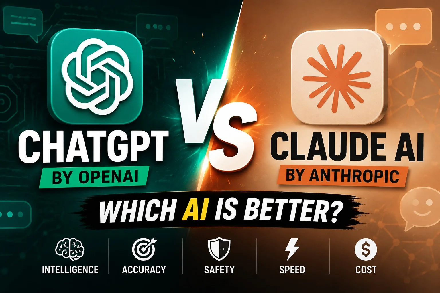ChatGPT vs Claude AI comparison thumbnail showing OpenAI ChatGPT and Anthropic Claude AI logos with a VS design, comparing intelligence, accuracy, safety, speed, and cost in 2026.