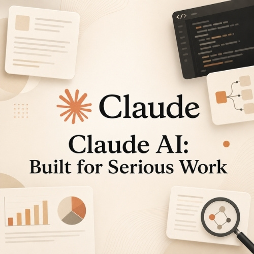 Claude AI featured image showing the official Claude logo with document analysis, coding, research, and data workflow visuals for professional AI assistance.