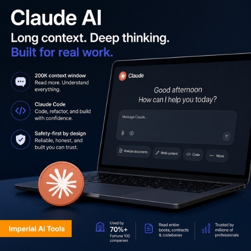 Claude AI featured tool image showing the official Claude logo, a laptop interface, and key professional AI features on a dark navy editorial background.