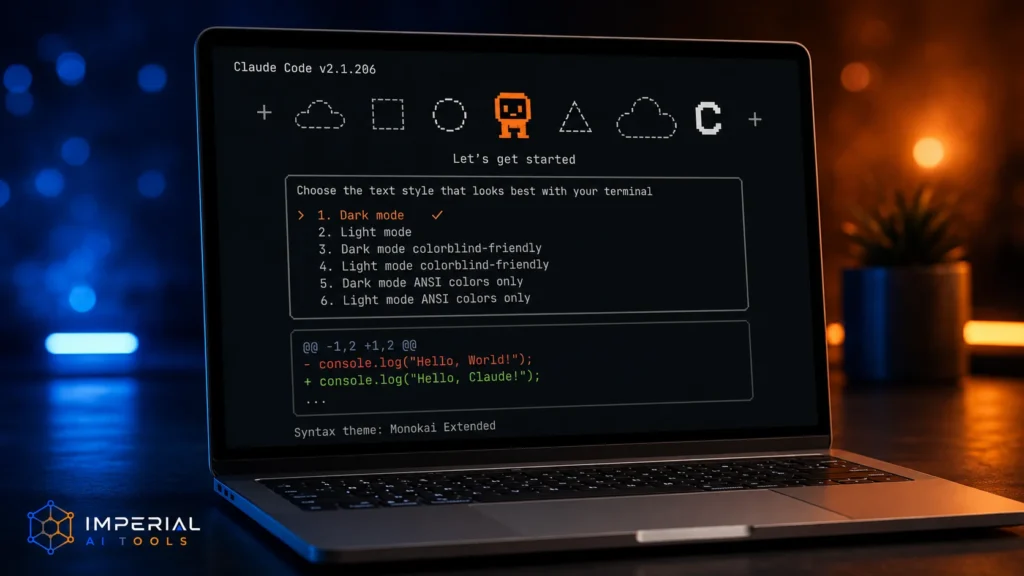 Claude Code v2 terminal interface displayed on a laptop screen showing AI coding setup options and code changes