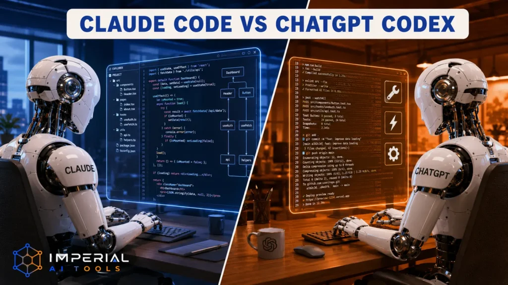 Two robots at holographic screens representing Claude Code and ChatGPT Codex coding tools.