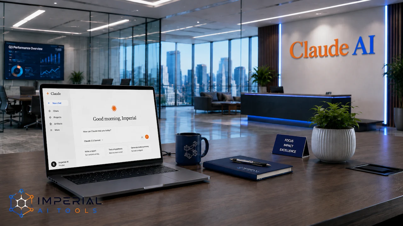 Claude guide interface displayed on a laptop in a modern office with Imperial AI Tools branding.