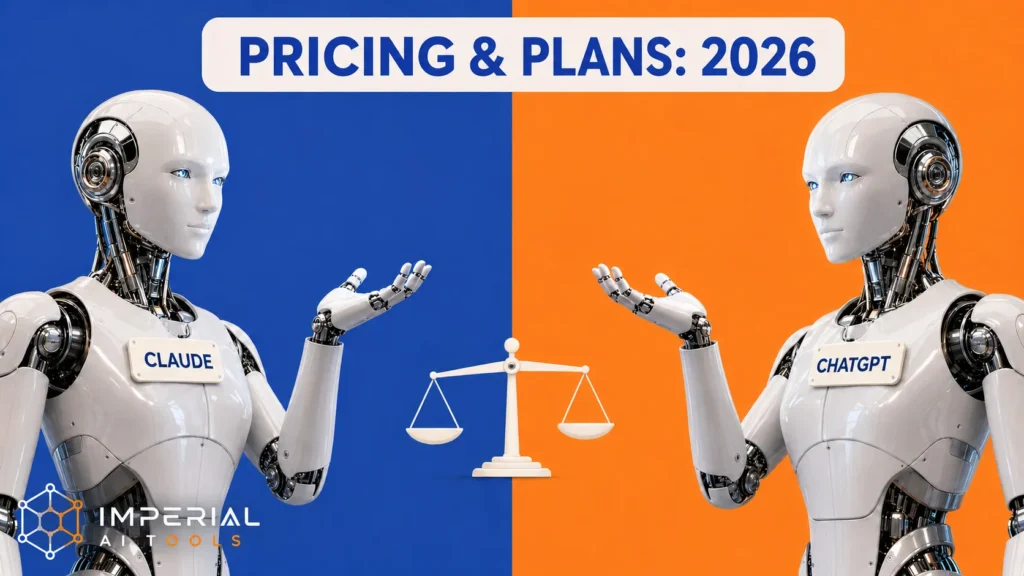 Robots representing Claude and ChatGPT comparing subscription price tags