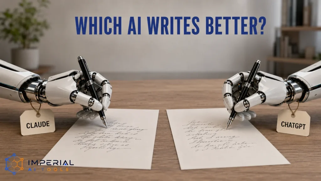 Illustration of two robotic hands writing with quills, representing Claude and ChatGPT writing styles