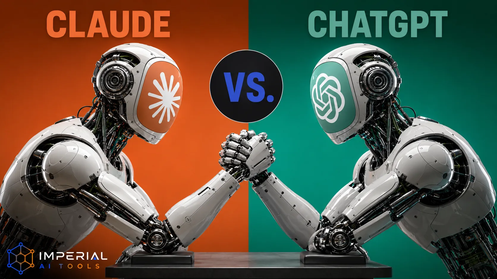 Claude vs ChatGPT AI tools comparison with two futuristic robots arm wrestling on orange and green backgrounds.