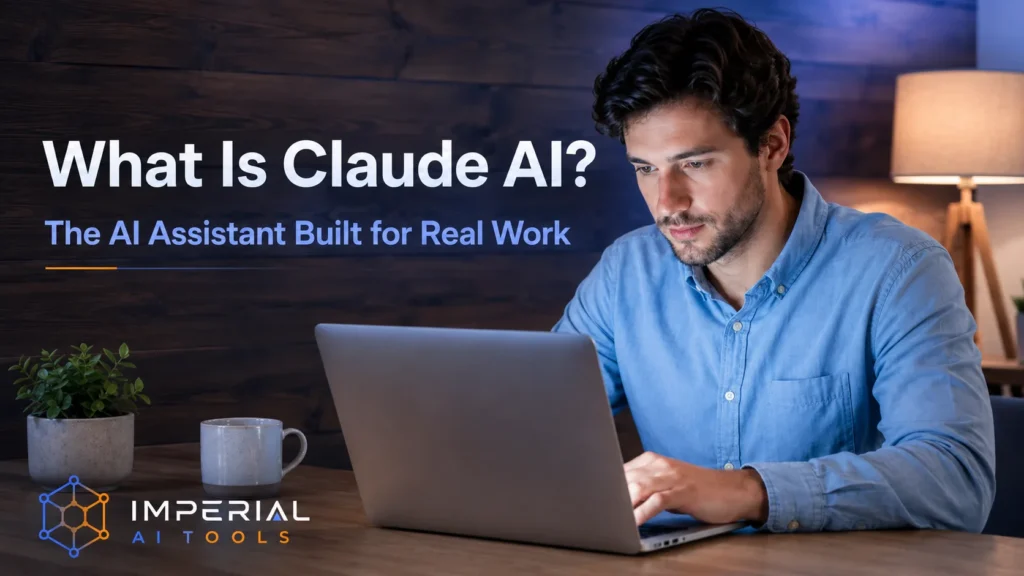 A focused person working on a laptop in a warm wooden workspace with text reading What Is Claude AI and Imperial AI Tools branding.