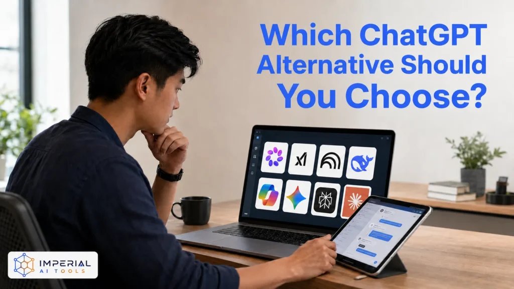 Person comparing ChatGPT alternatives on laptop with Imperial AI Tools branding