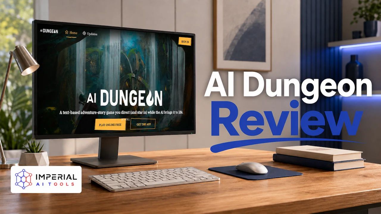 AI Dungeon review featured image showing the AI storytelling game website displayed on a desktop monitor.