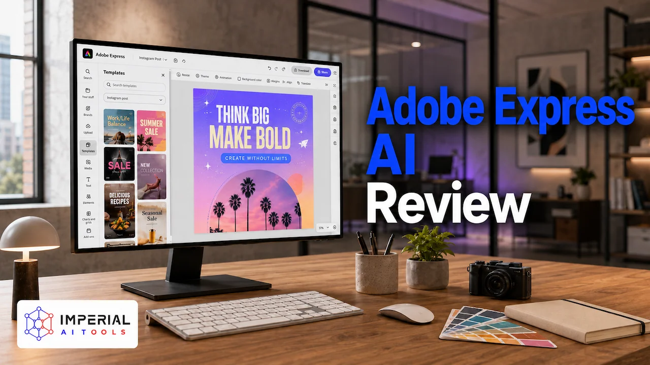 Adobe Express AI review showing the design editor displayed on a monitor in a professional creative office.