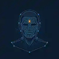 Geometric human bust silhouette with hexagonal mesh overlay in electric blue and glowing orange identity node on dark navy background