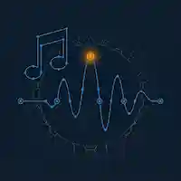 Geometric musical note and audio waveform arc built from hexagonal nodes in electric blue with an orange beat-peak node on dark navy background
