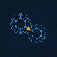 Two interlocking gear icons built from hexagonal nodes and electric blue connector lines