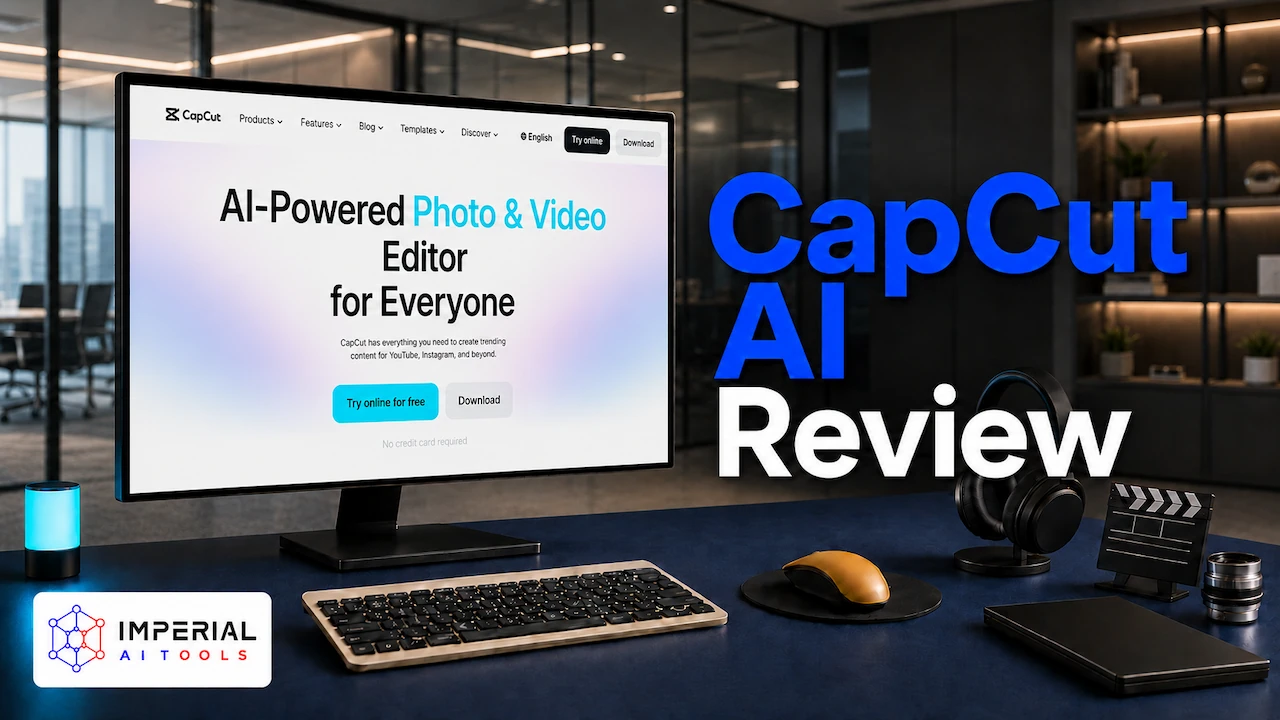 CapCut AI review featuring the CapCut website displayed on a monitor in a professional office.