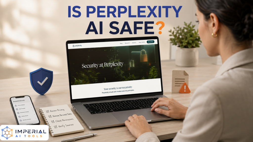 Professional reviewing Perplexity AI security information and privacy settings on a laptop.