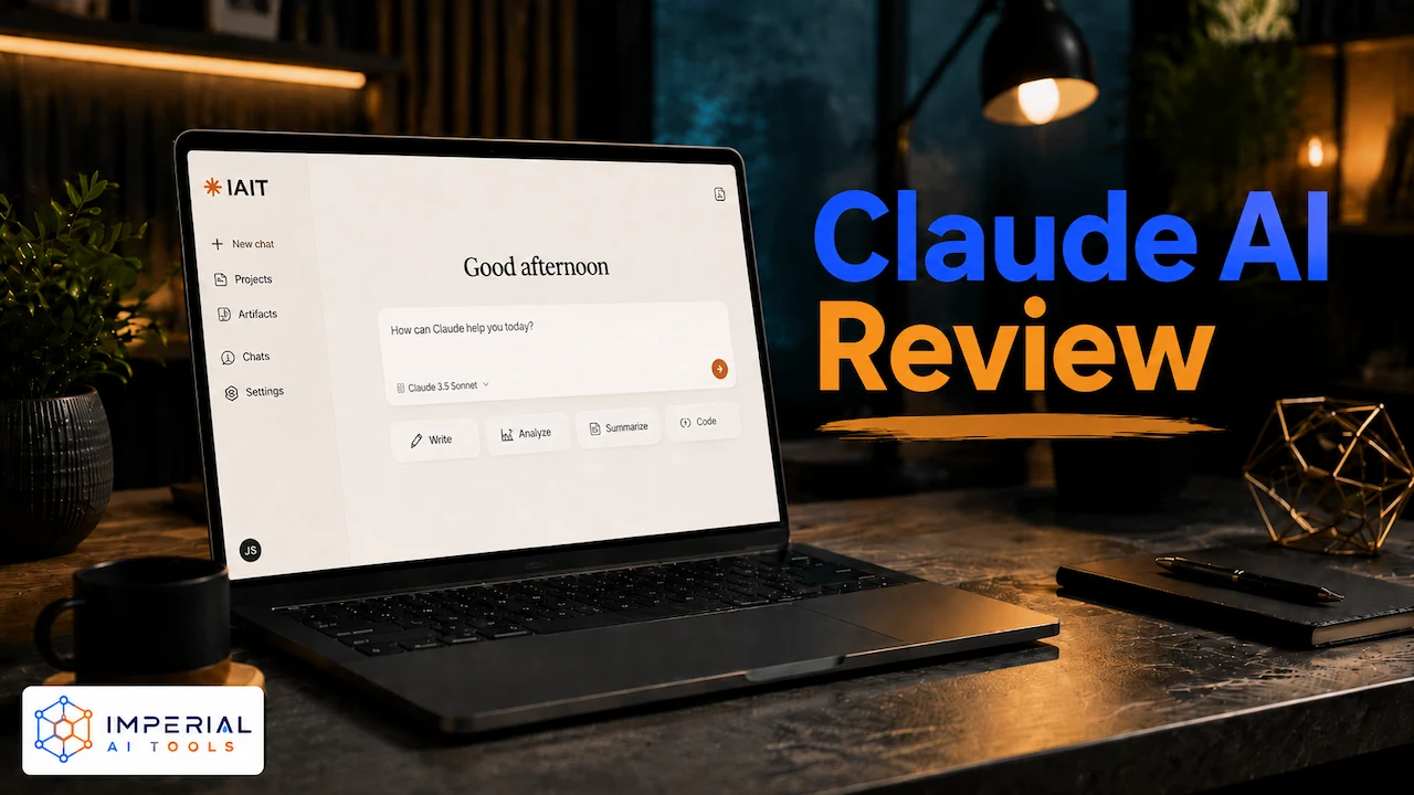 Claude AI review website thumbnail with laptop interface and modern AI workspace.