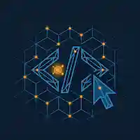 Angle bracket symbols with electric blue lines and an orange node representing AI code assistance.