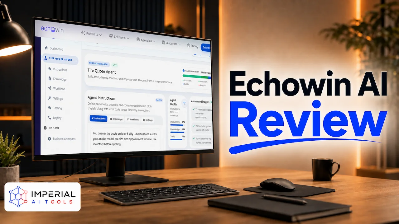 Echowin AI review showing its AI call agent dashboard on a desktop monitor.