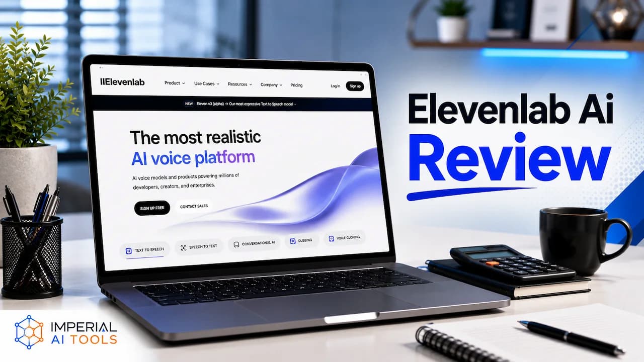 ElevenLabs AI dashboard shown on a laptop with ElevenLabs AI Review text