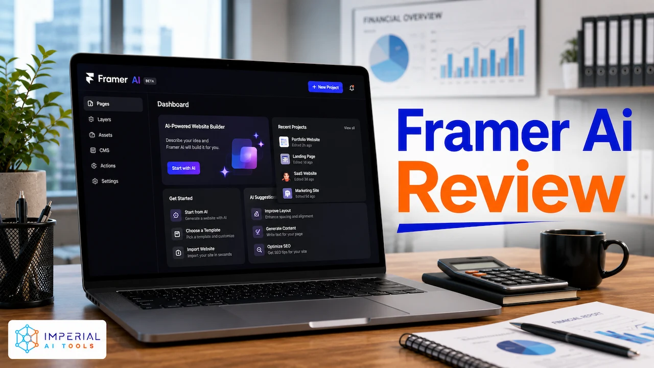 Framer AI website builder interface showing the dashboard, design tools, and AI-powered website creation features.