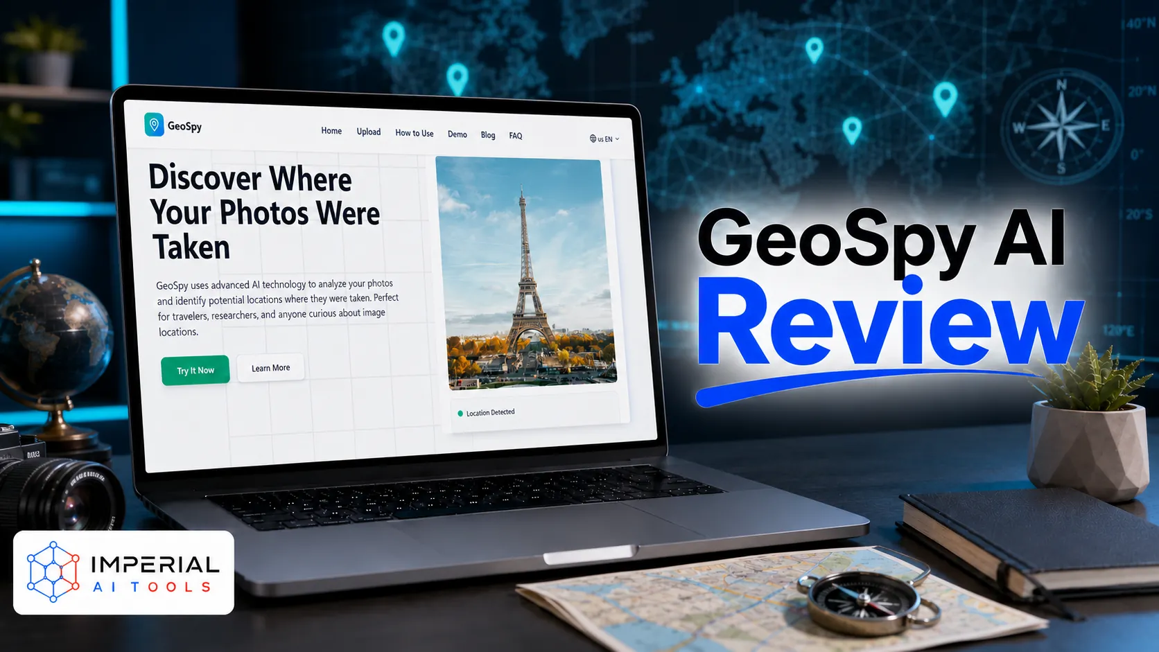 GeoSpy AI photo geolocation tool analysing an image on a laptop