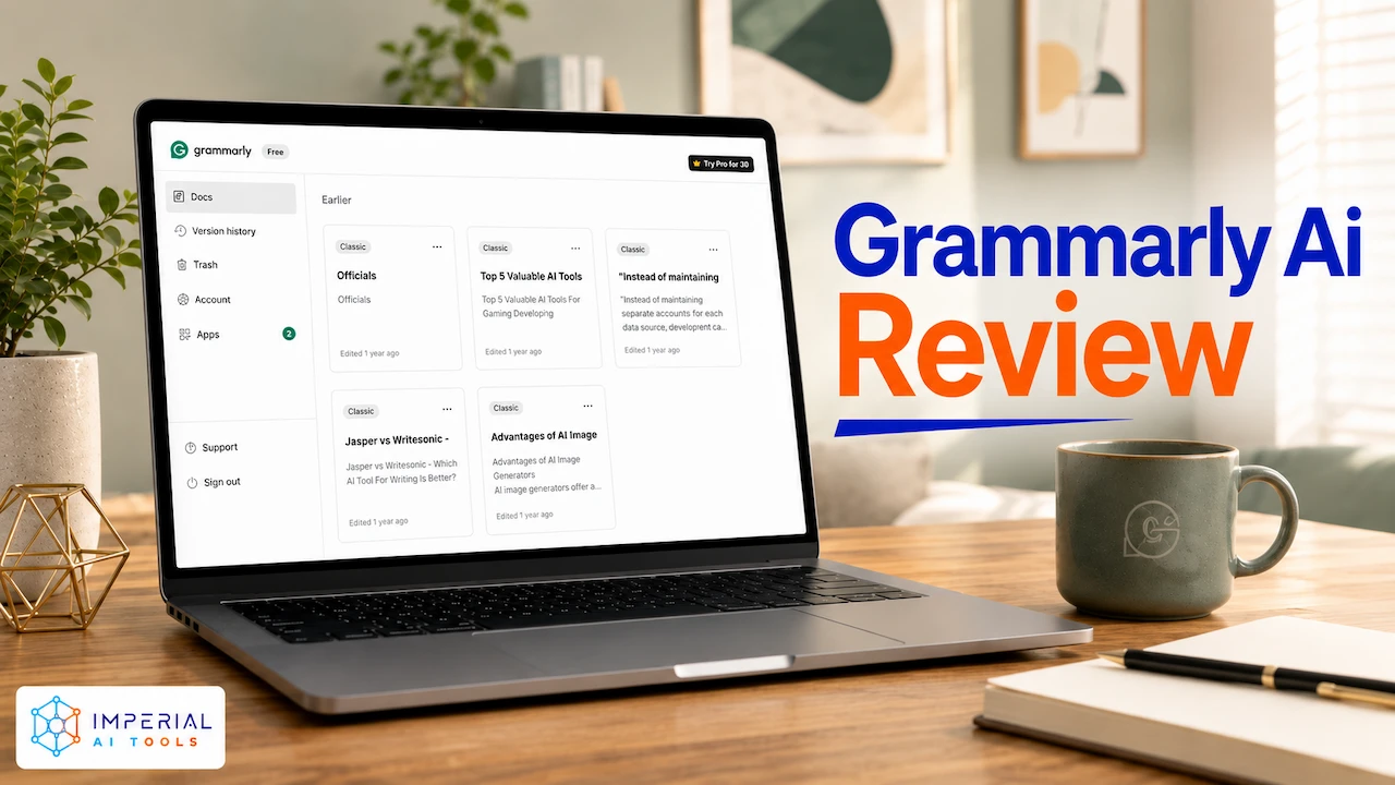 Grammarly AI review workspace showing Grammarly interface on a modern laptop with review text.