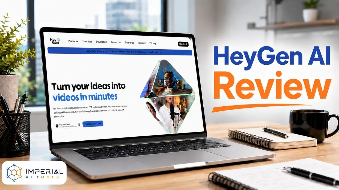 HeyGen AI Review featured image showing the HeyGen website on a laptop with the Imperial AI Tools logo, highlighting an in-depth review of the AI video generation platform.