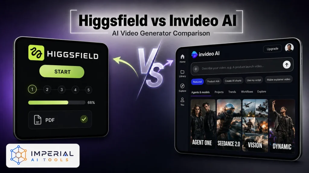 Higgsfield AI vs Invideo AI authoritative verdict comparison graphic showing AI video generator tools and feature analysis