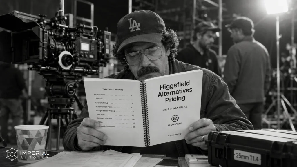 Black-and-white behind-the-scenes film set photo showing a man reading a Higgsfield Alternatives Pricing manual beside cinema camera equipment, crew members, desk props, and Imperial AI Tools logo in the bottom-left corner.