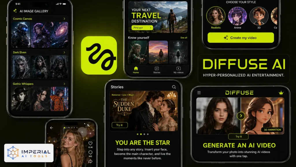 Higgsfield AI app marketing interface showing AI video creation features, personalized storytelling, animation styles, and video generation tools