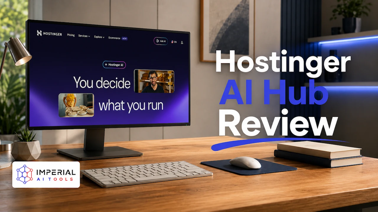 Hostinger AI Hub dashboard showing AI website builder, writer, image generator, and SEO tools