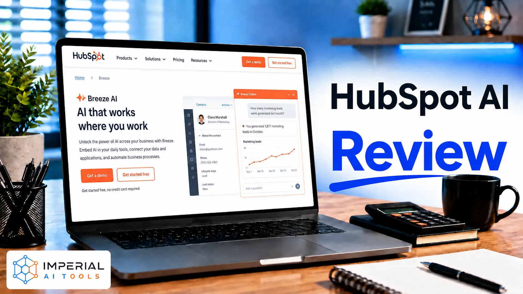 HubSpot AI dashboard shown on a laptop with Breeze AI tools