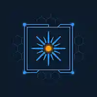 Geometric picture frame with a starburst generation node inside radiating electric blue creation beams and orange spark node on dark navy background