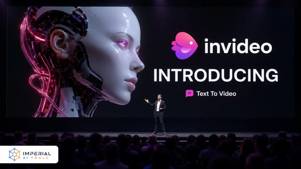 Invideo AI text-to-video launch presentation showing futuristic AI robot technology and AI video generation features