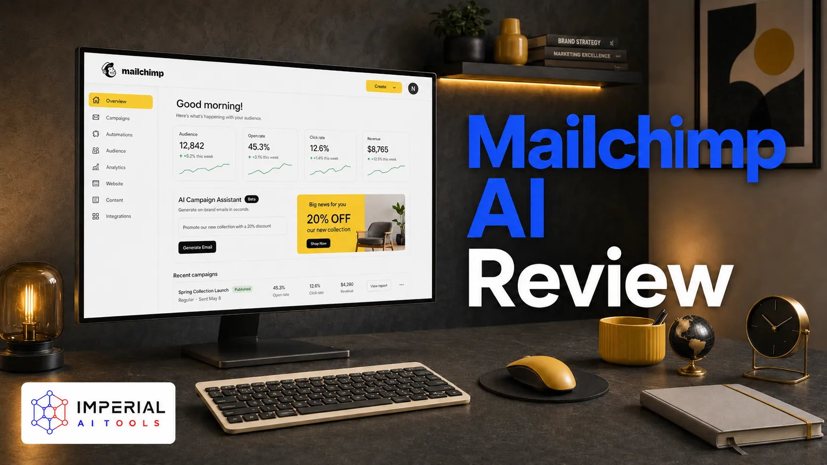 Mailchimp AI review showing its email marketing dashboard and AI campaign assistant on a desktop monitor.