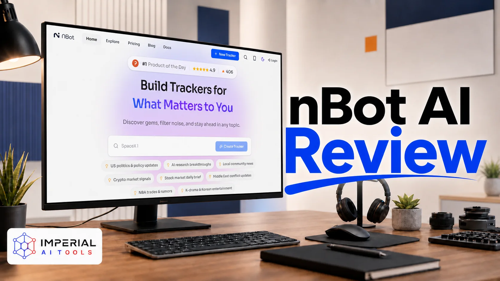 NBot AI tracker dashboard showing a custom news feed on a laptop