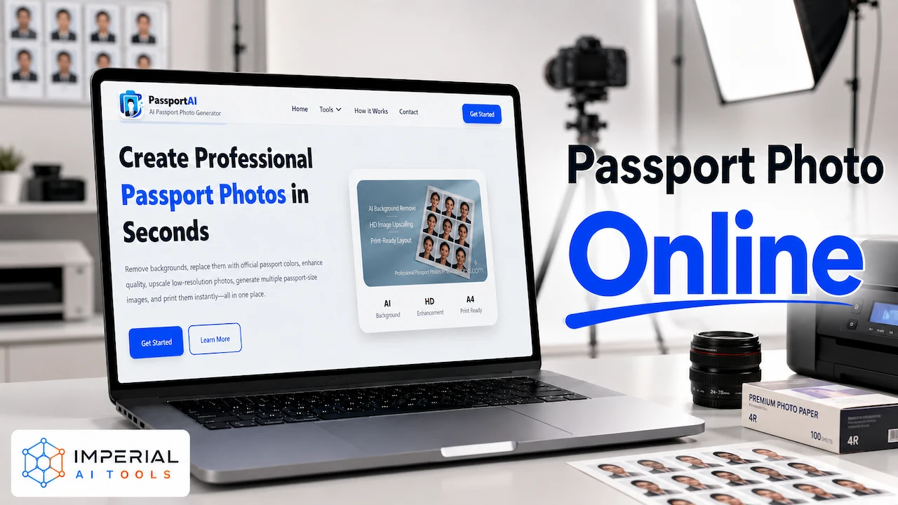 Passport Photo Online app shown on a phone creating a passport photo
