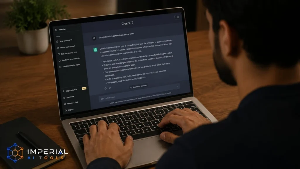 User interacting with ChatGPT AI assistant on a laptop for answering questions and improving productivity