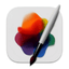 Pixelmator Pro logo, paintbrush icon on multicolor gradient background