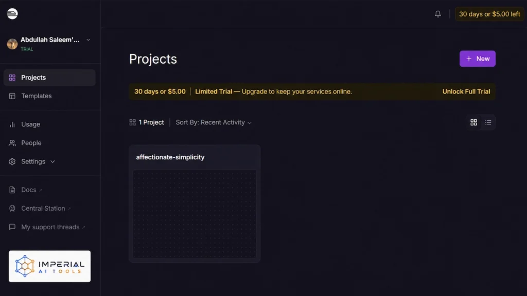 Railway Projects dashboard showing a trial account, project list, usage menu and account settings.