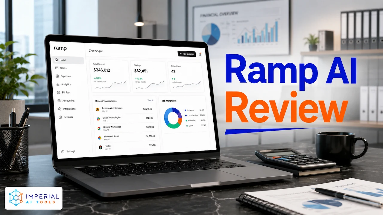 Ramp AI finance automation dashboard showing expense tracking and approval workflows on a laptop