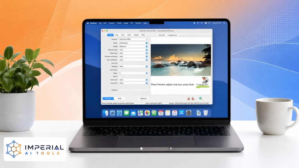 Modern MacBook displaying VueScan scanner software on a clean white desk with a blue and orange gradient tech background, Imperial AI Tools logo in the bottom-left corner, and a plant and coffee mug on either side.