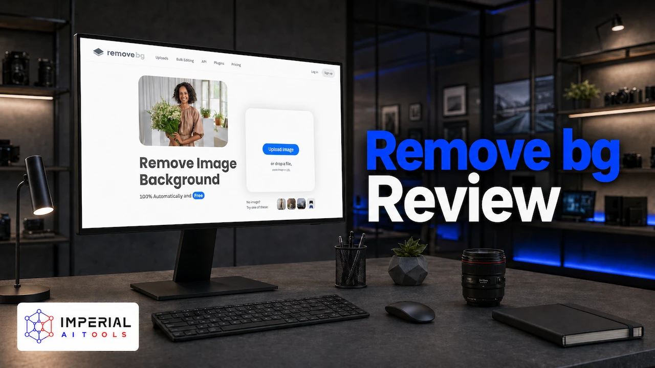 Remove.bg review showing the automatic image background remover displayed on a desktop monitor in a professional office.