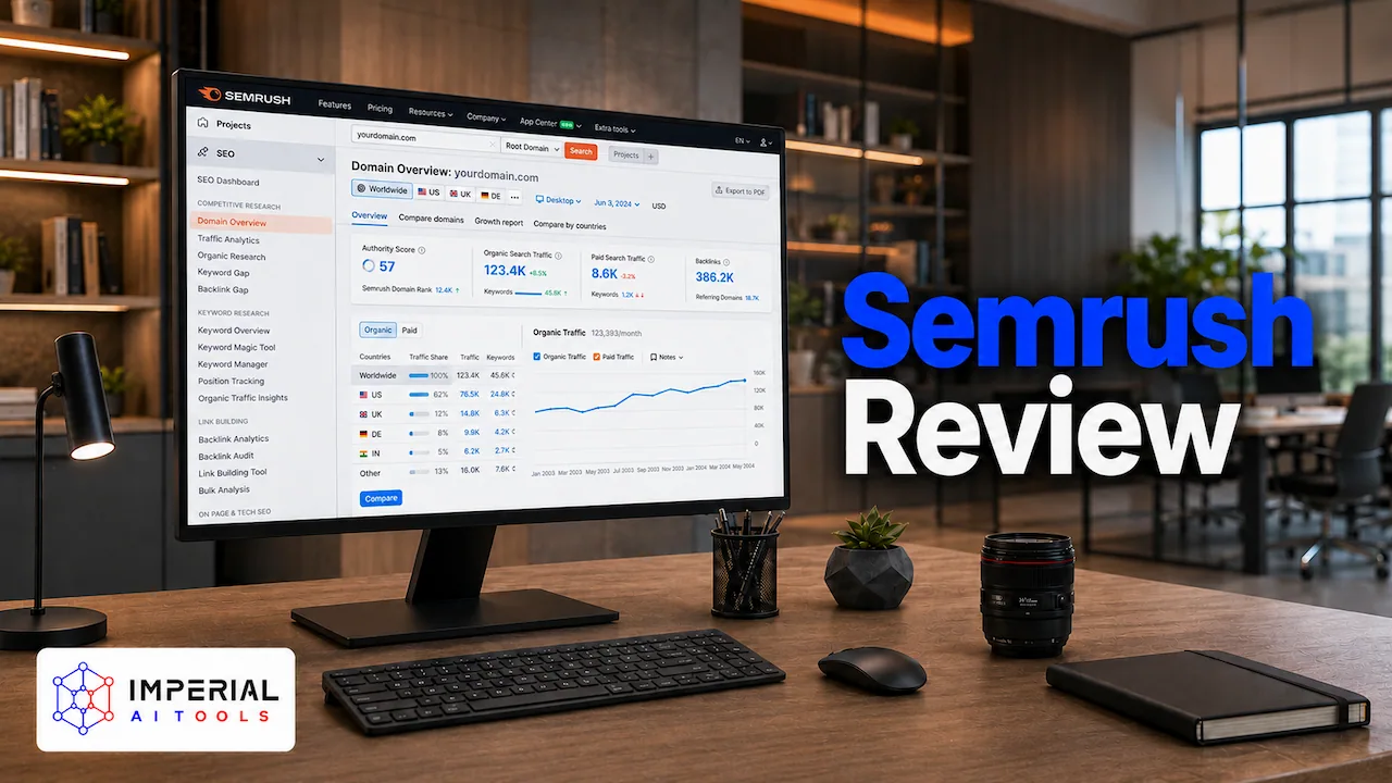 Semrush review featuring the SEO dashboard displayed on a desktop monitor in a professional office.