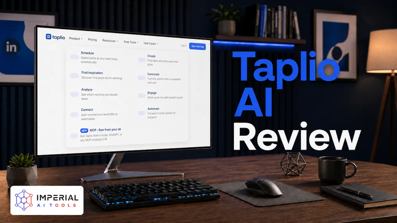 Taplio AI dashboard on desktop monitor showing scheduling, carousel, and automation features, Taplio AI Review by Imperial AI Tools