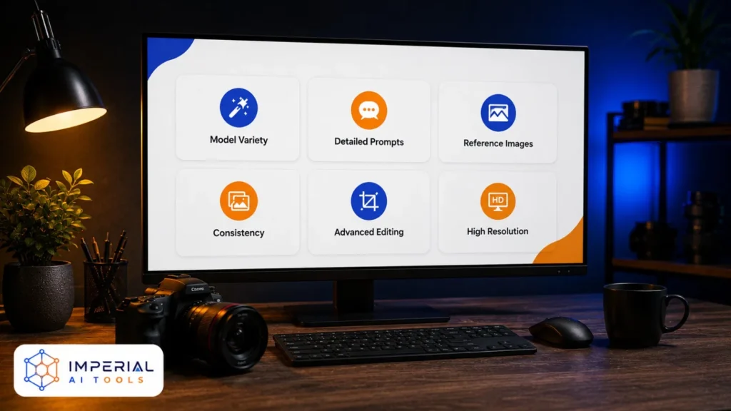 image generator features displayed on a desktop monitor, including model variety, detailed prompts, reference images, consistency, advanced editing and high-resolution output.