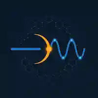 Geometric text line converting into a sound waveform arc through an electric blue transformation node on dark navy background