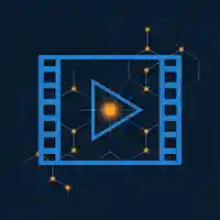 Play button triangle inside film frame rectangle in electric blue with orange trigger node.